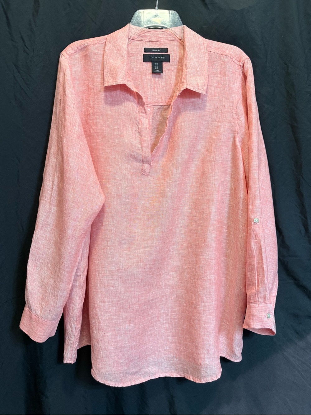 Tahari Coral-Pink Linen Blend Split V Tunic